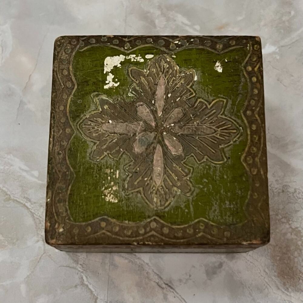 Vintage Florentia Wooden Box 2.8 x 1.8" Green & Brown Hand Made in Italy